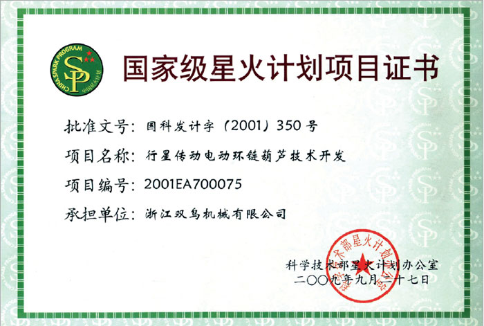 雙鳥資質(zhì)-國家級(jí)星火計(jì)劃項(xiàng)目證書